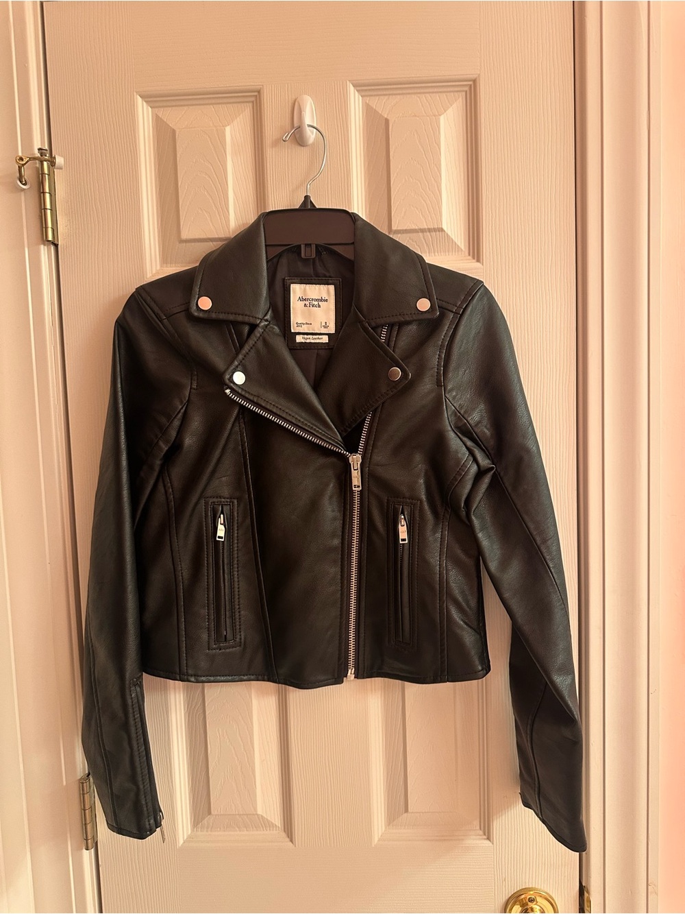 Abercrombie & Fitch Women's Black Faux Leather Moto Jacket with Silver Hardware